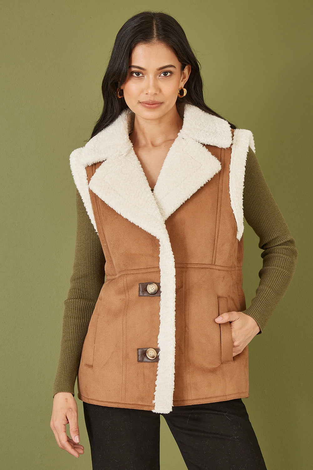 Yumi Brown Sherpa Style Button Up Gilet Yumi