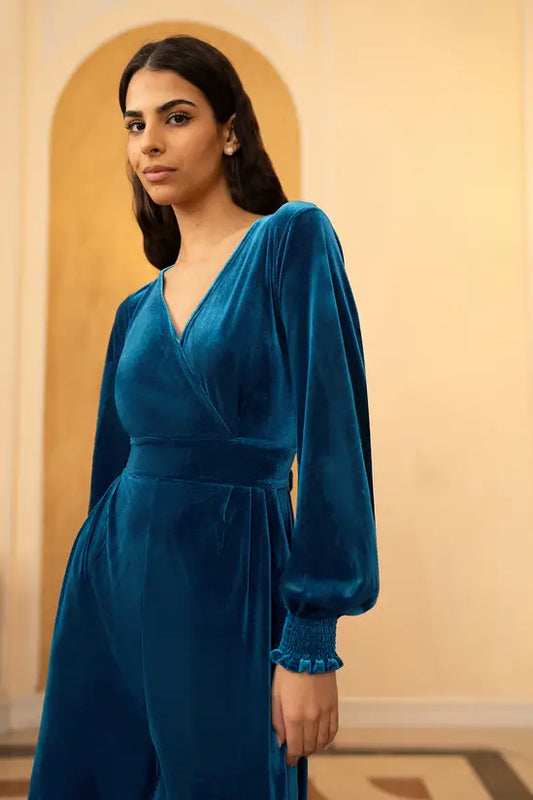 Yumi Teal Velvet Long sleeve Jumpsuit Yumi