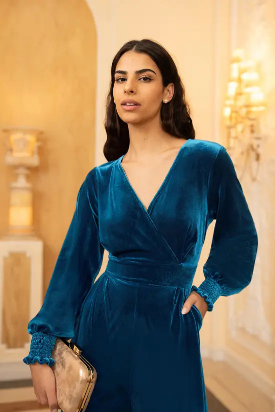 Yumi Teal Velvet Long sleeve Jumpsuit Yumi