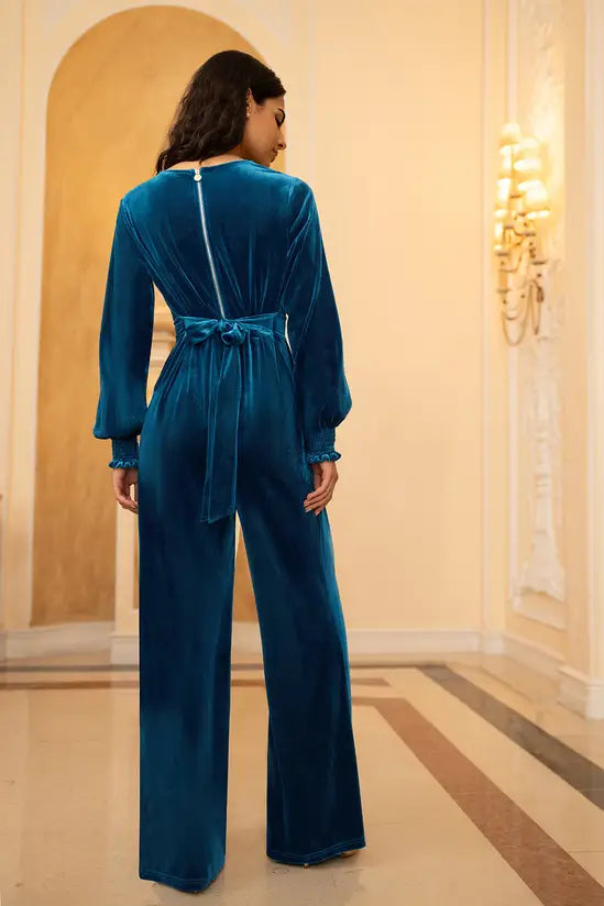 Yumi Teal Velvet Long sleeve Jumpsuit Yumi