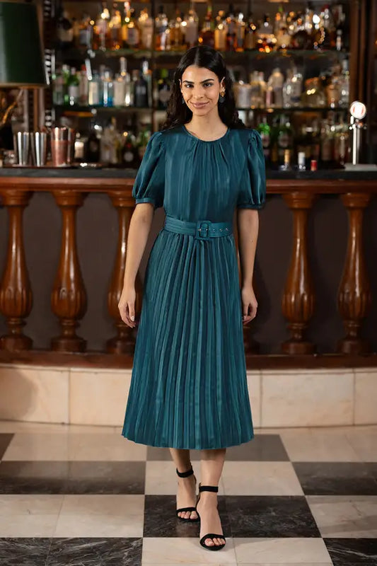 Yumi Green Satin Striped Midi Dress With Pleats and Matching Belt Yumi