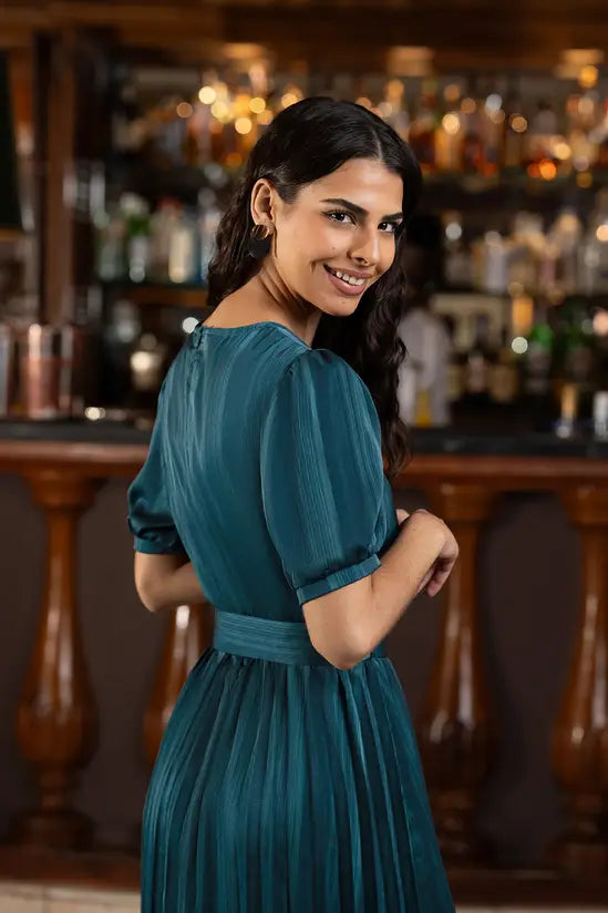 Yumi Green Satin Striped Midi Dress With Pleats and Matching Belt Yumi