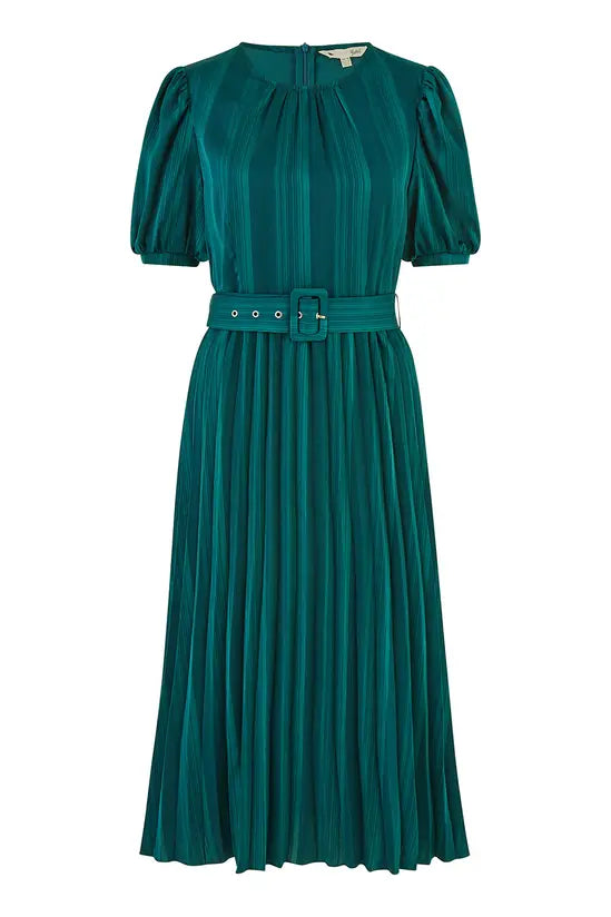 Yumi Green Satin Striped Midi Dress With Pleats and Matching Belt