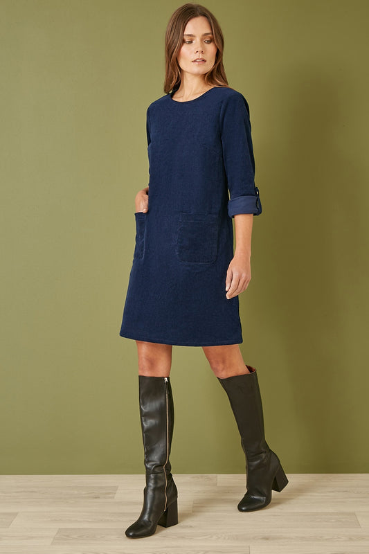 Yumi Navy Cord Tunic Dress With 3/4 Sleeves And Pockets Yumi
