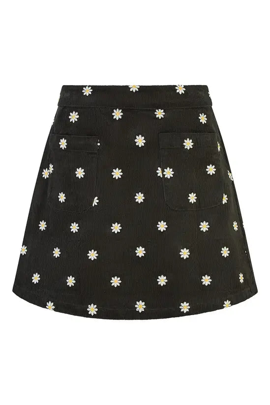Yumi Black Corduroy Embroidered Daisy Mini Skirt | Yumi