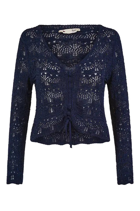 Yumi Navy Crochet Top With Front Ruching Knit Top Yumi