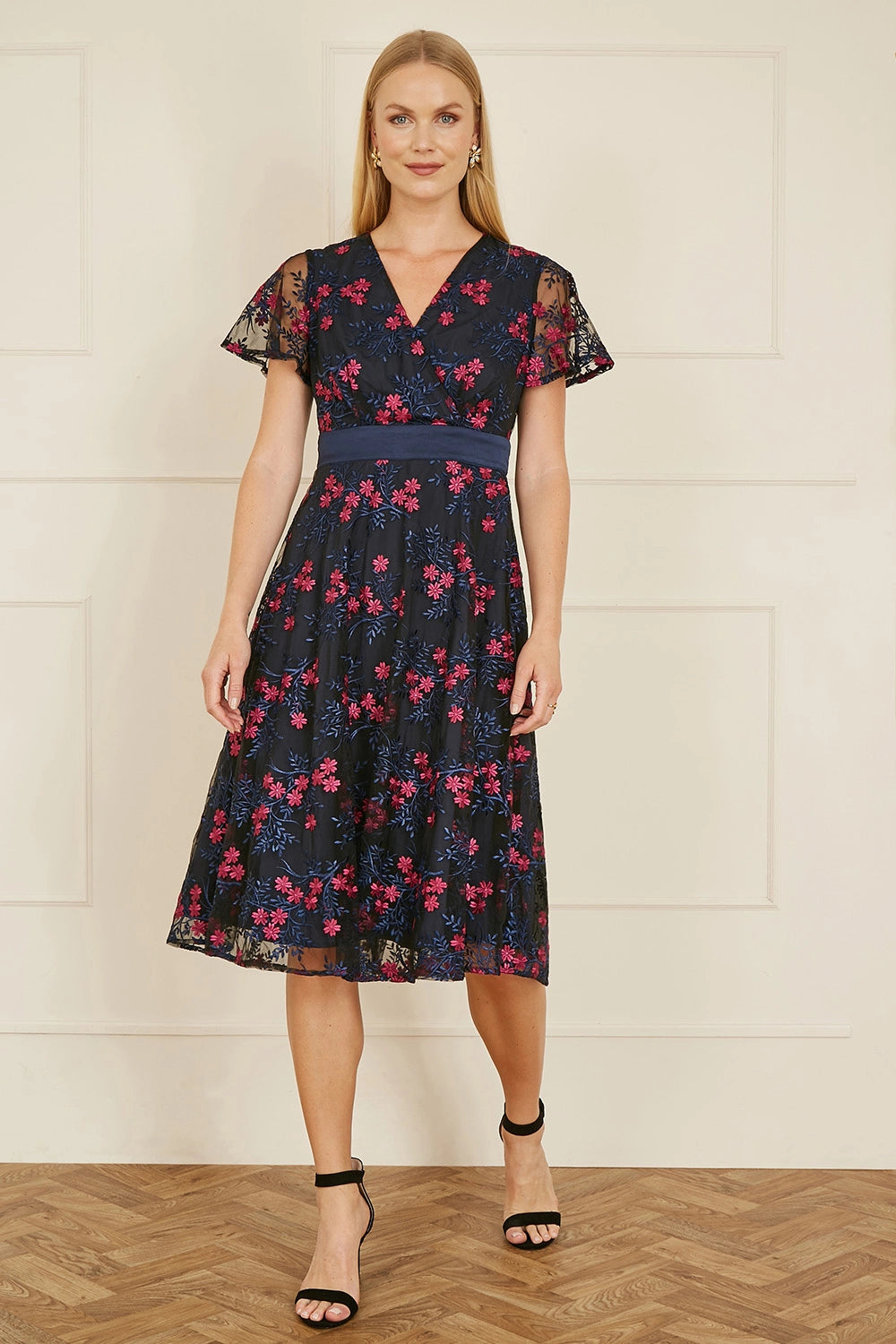 Yumi Navy Embroidered Floral Skater Dress Yumi