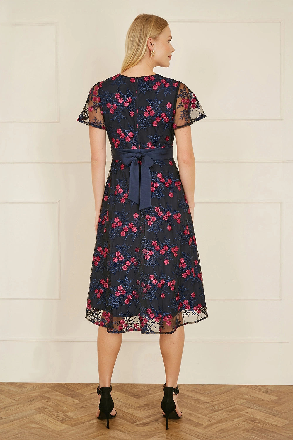 Yumi Navy Embroidered Floral Skater Dress Yumi