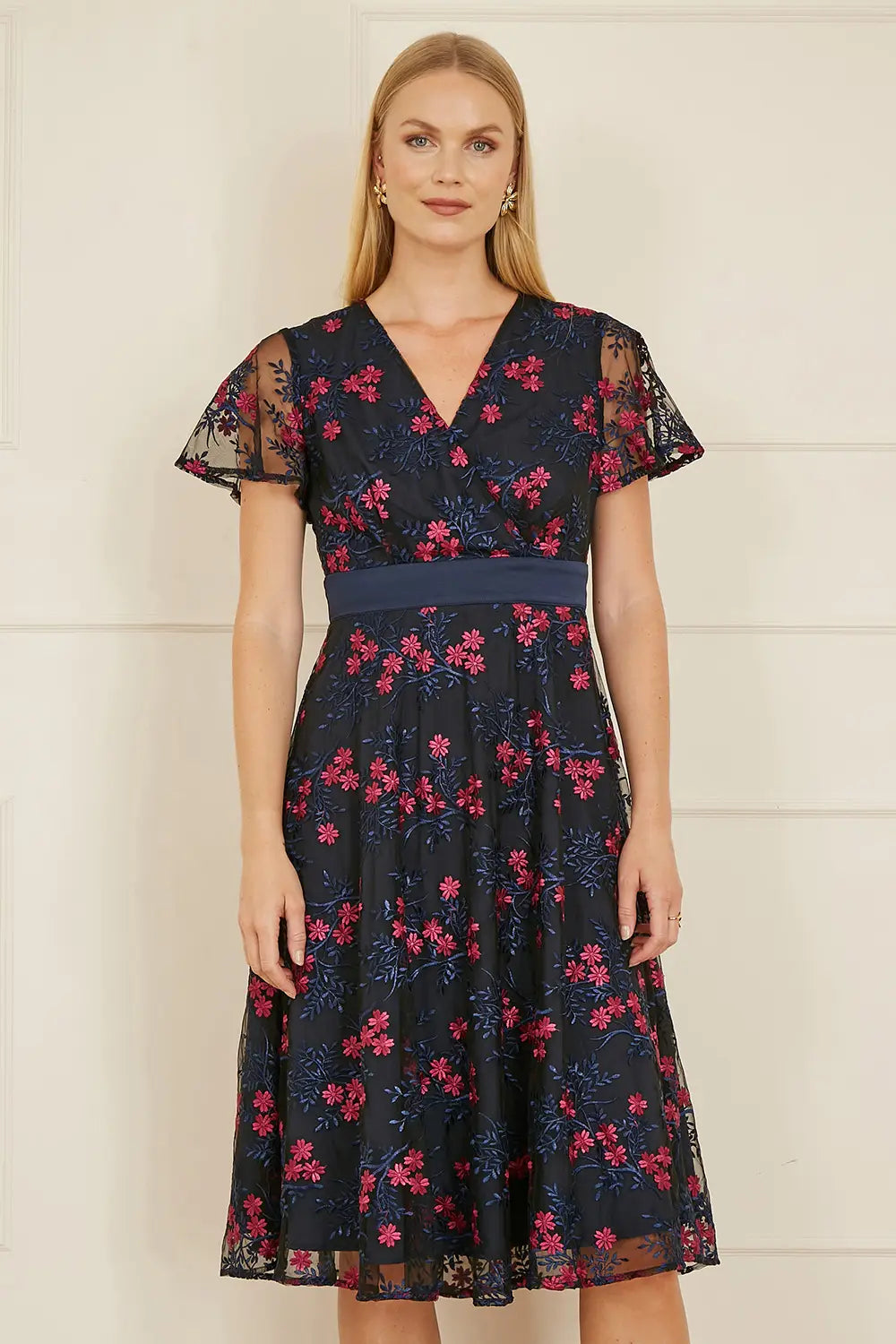 Yumi Navy Embroidered Floral Skater Dress Yumi