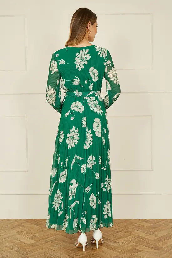 Yumi Green Floral Pleated Midi Wrap Long Sleeve Dress | Yumi Yumi Green Floral Pleated Midi Wrap Long Sleeve Dress | Yumi