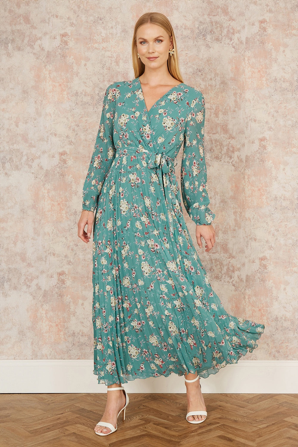 Yumi Mint Green Floral Pleated Long Sleeve Wrap Over Midi Dress | Yumi Yumi Mint Green Floral Pleated Long Sleeve Wrap Over Midi Dress | Yumi