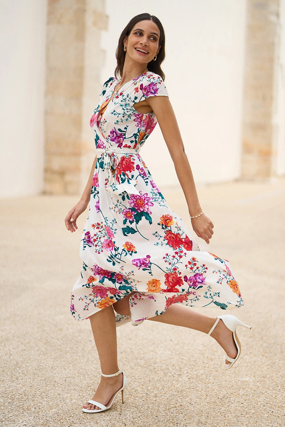Flower Print Wrap Midi Dress