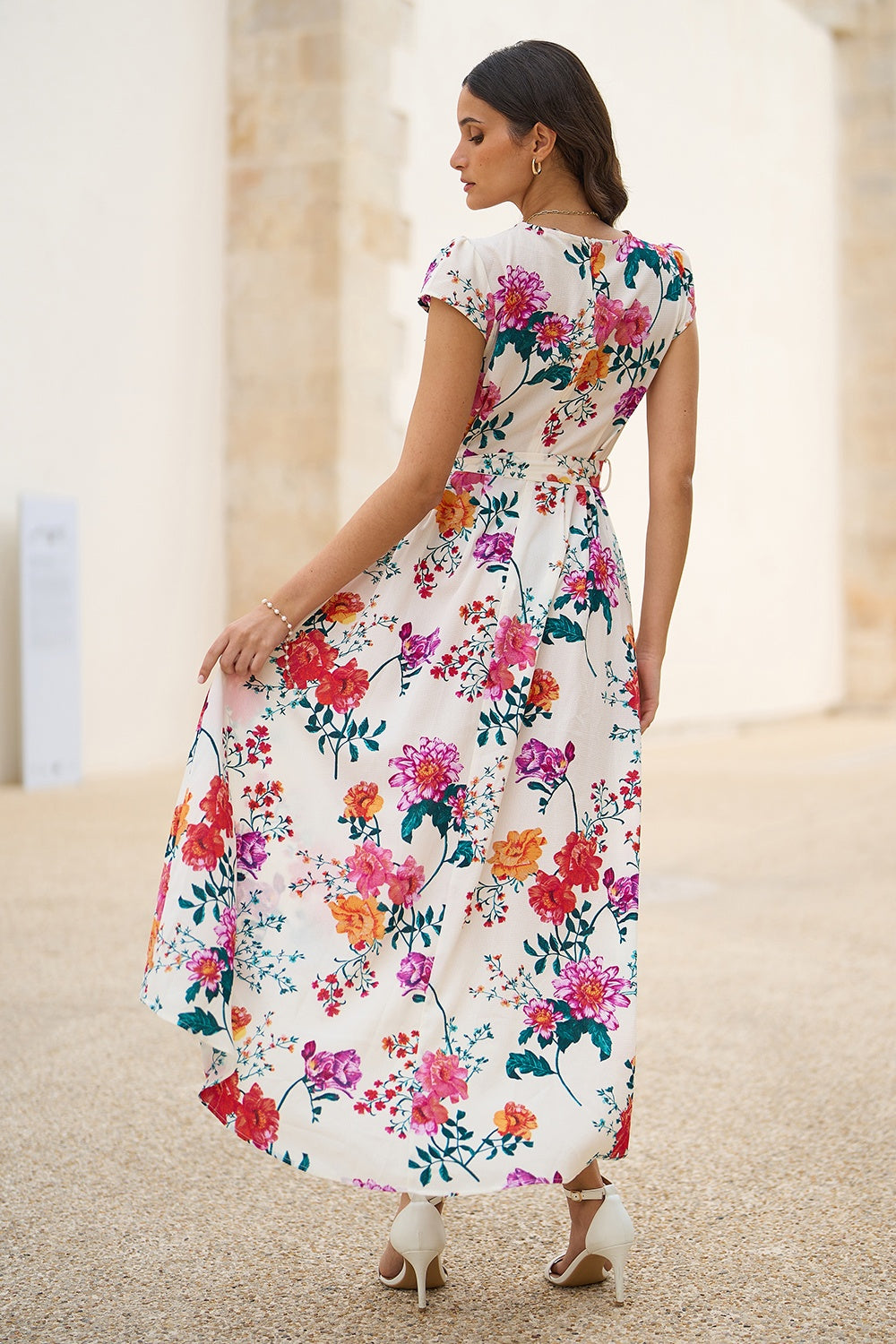 Yumi Ivory Flower Print Wrap Midi Dress Occasionwear Yumi