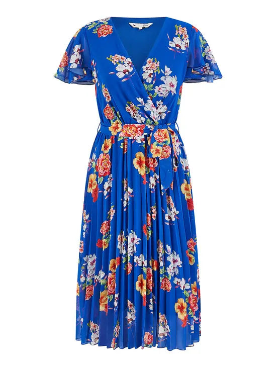 Yumi Blue Floral Pleated Wrap Dress Occasionwear Yumi