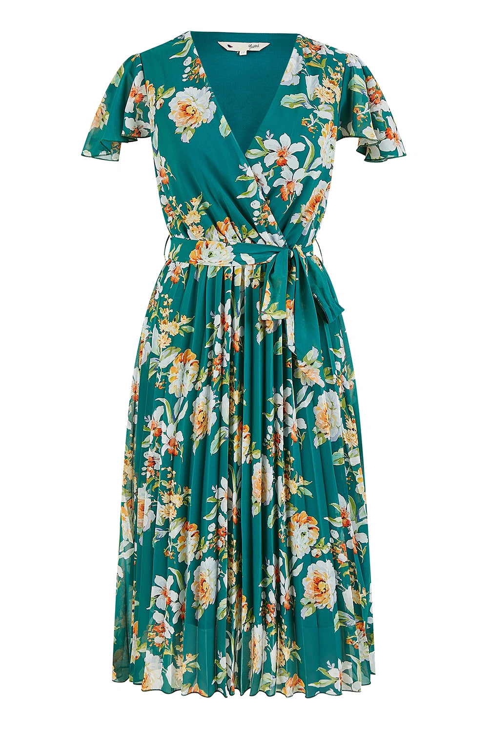 Yumi Green Floral Pleated Wrap Dress Occasionwear Yumi
