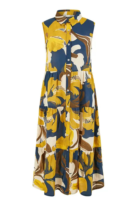 Yumi Navy Cotton Leaf Midi Sleeveless Shirt Dress DRES Day Yumi