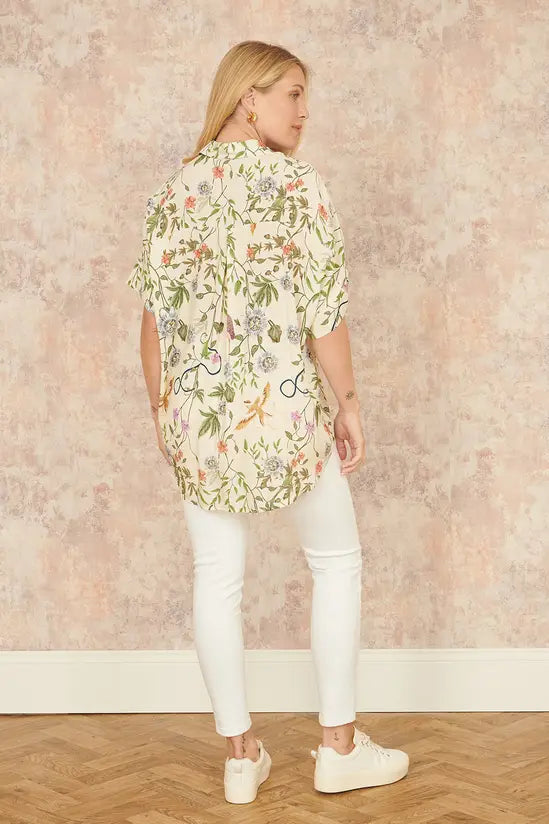 Yumi Beige Relaxed Fit Shirt With Botanical Print Top Yumi