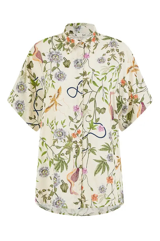 Yumi Beige Relaxed Fit Shirt With Botanical Print Top Yumi
