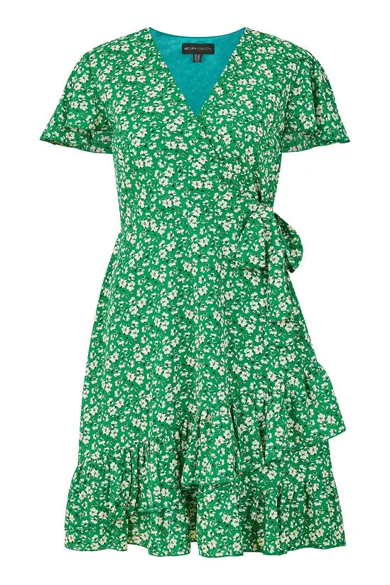 Yumi Green Ditsy Floral Wrap Frill Dress DRES Day Yumi