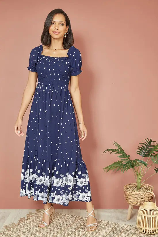 Yumi Navy Spot And Floral Print Border Ruched Midi Dress DRES Day Yumi
