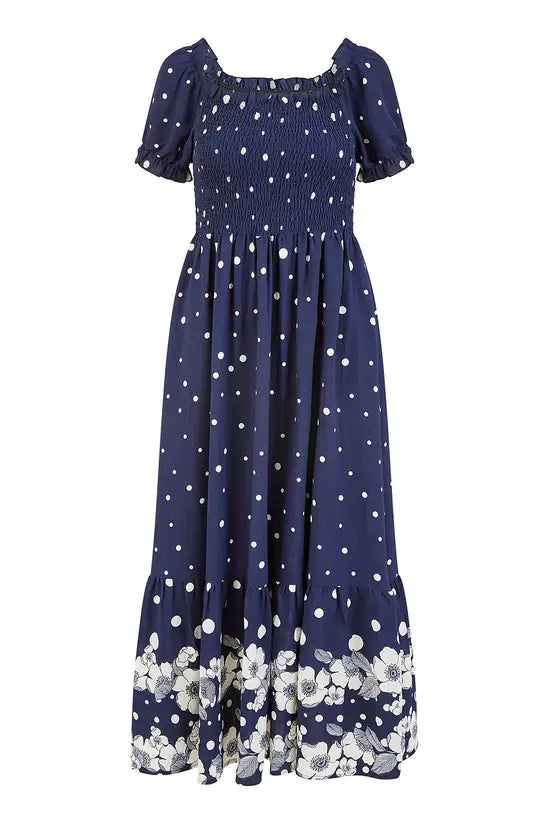 Yumi Navy Spot And Floral Print Border Ruched Midi Dress DRES Day Yumi