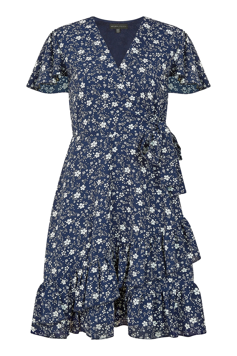 Yumi Navy Ditsy Floral Wrap Frill Dress | Yumi