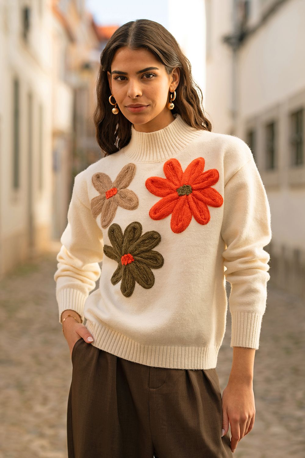 Knitted High Neck Jumper Applique Flowers
