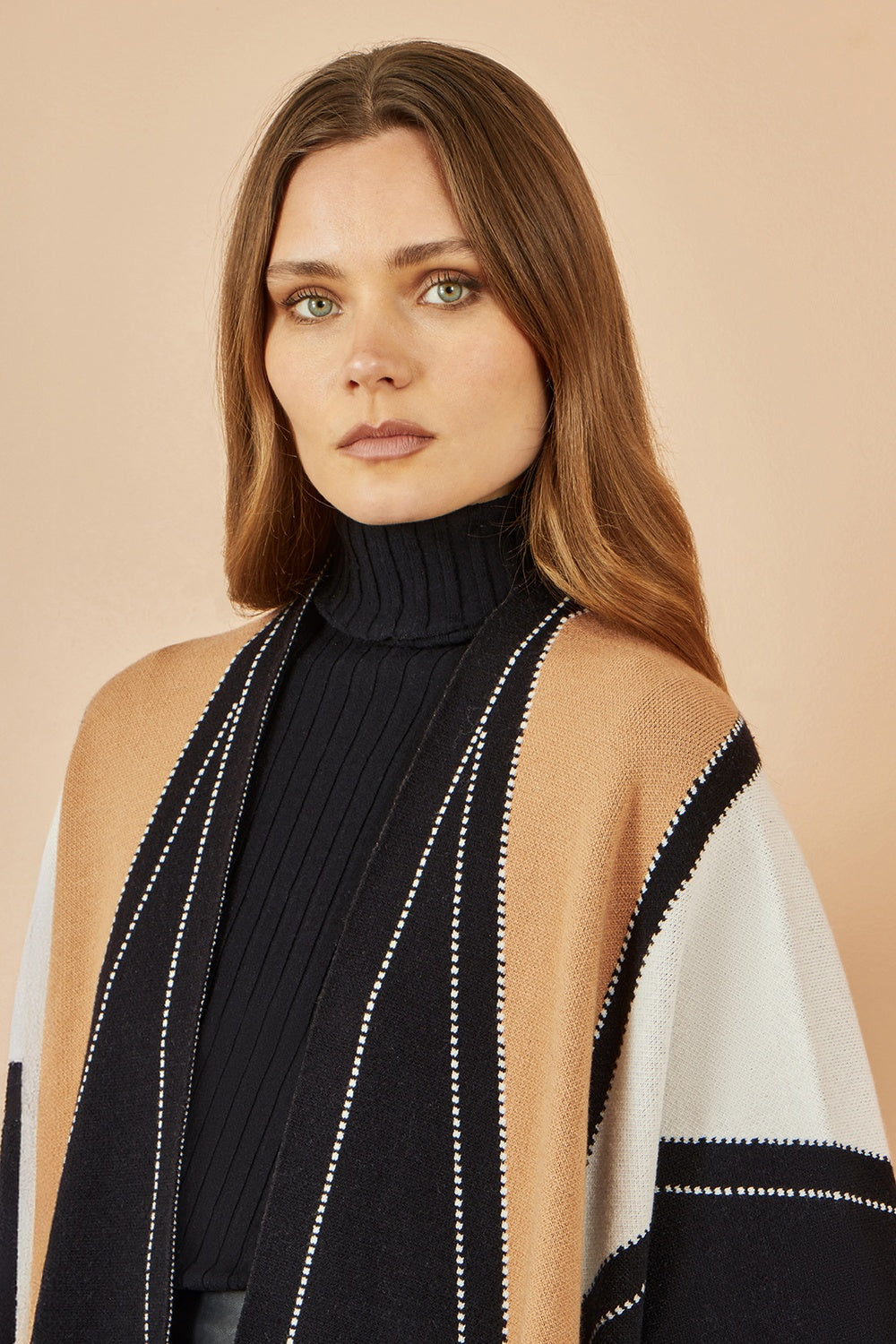 Yumi Brown Colour Block Cape Knit Cardigan Yumi