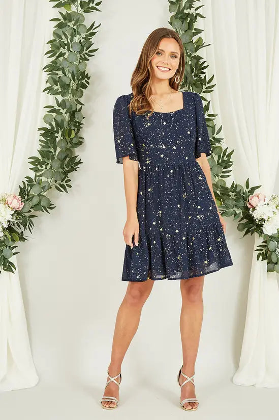 Yumi Navy Star Print Skater Dress DRES Party Yumi