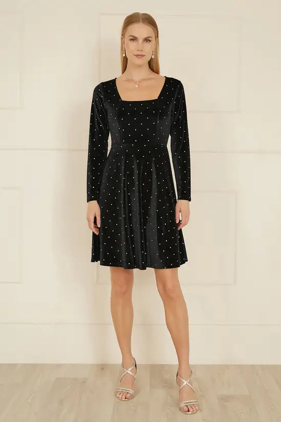 Yumi Black Skater Dress With Diamantes and Long Sleeve DRES Party Yumi