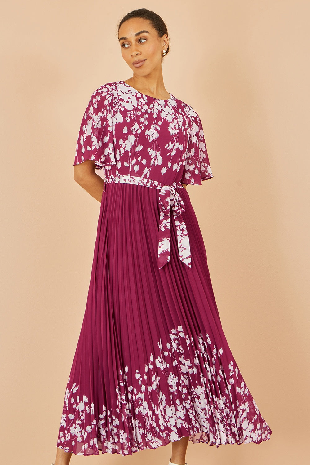 Yumi Burgundy Mirror Floral Design Pleated Midi Dress Dress Occasion Yumi