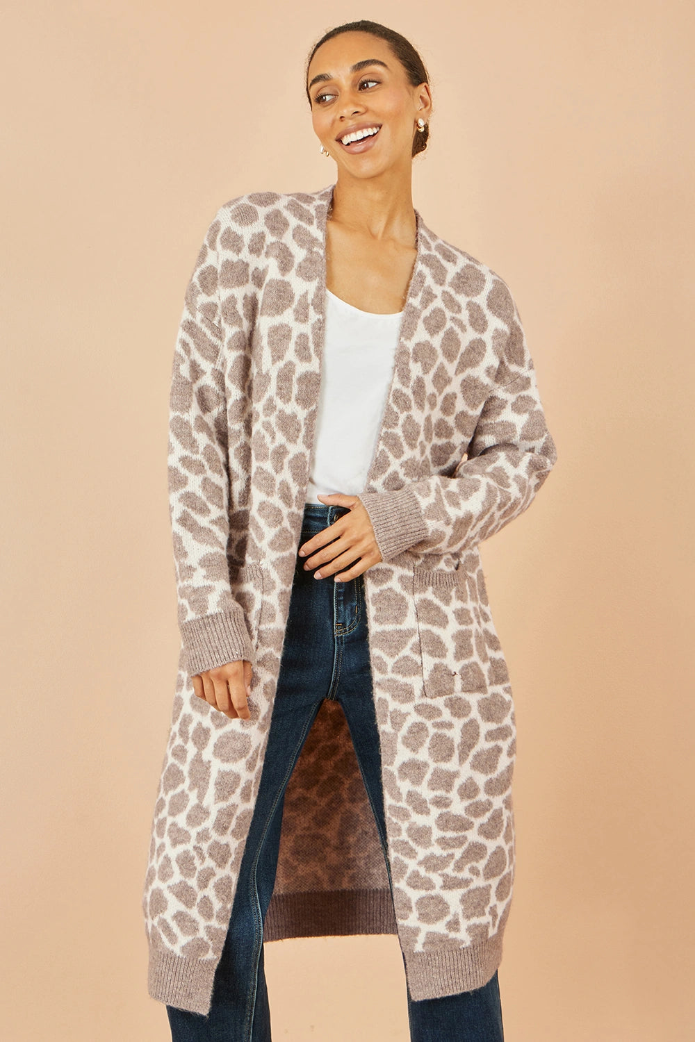 Yumi Beige Animal Intarsia Long Cardigan Yumi