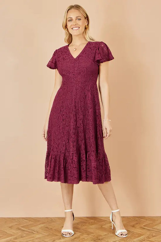 Yumi Burgundy Stretch Lace Puff Sleeve Midi Dress Dress Occasion Yumi
