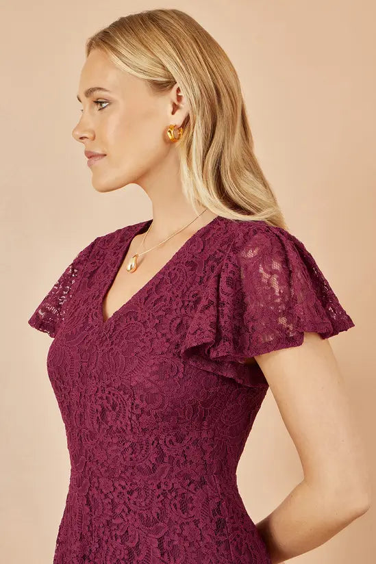 Yumi Burgundy Stretch Lace Puff Sleeve Midi Dress Dress Occasion Yumi