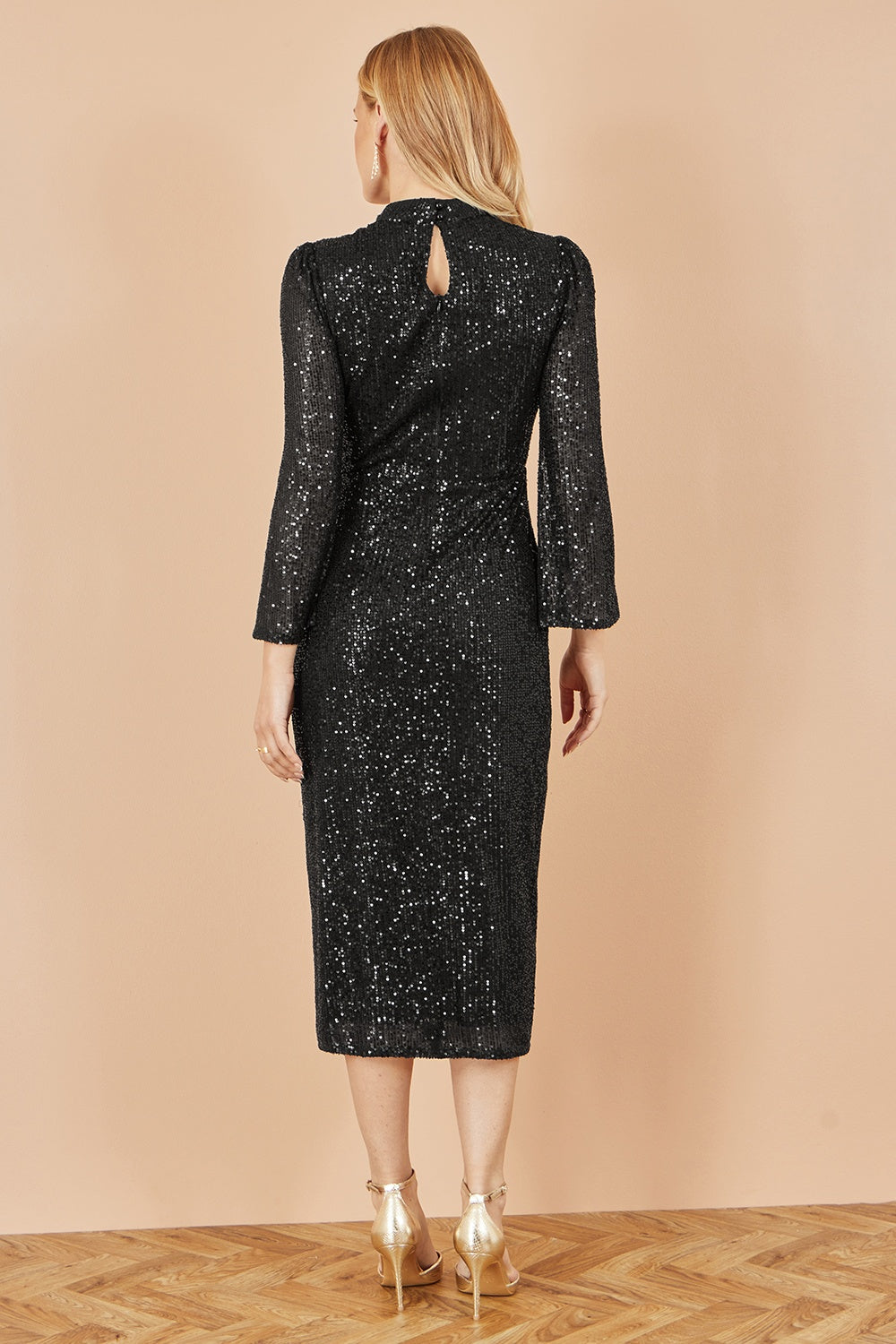 Yumi Black Sequin Fitted Midi Dress With Flute Sleeves | Yumi