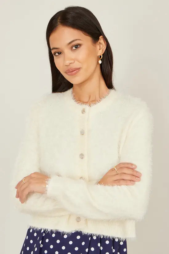 Yumi Ivory Eyelash Knit Cropped Cardigan Knit Cardigan Yumi