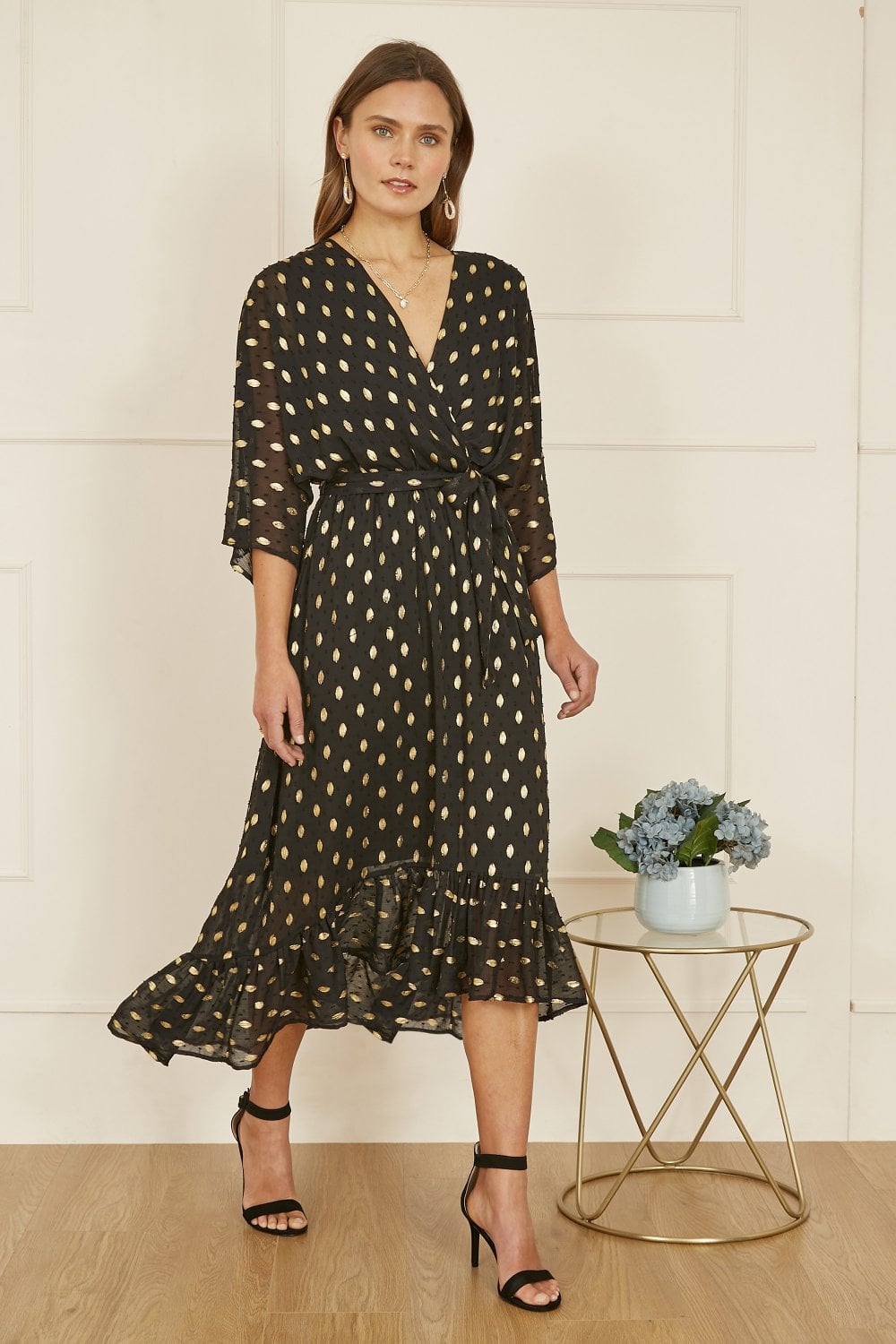 Yumi Black Foil Print Wrap Over Dip Hem Midi Dress | Yumi`