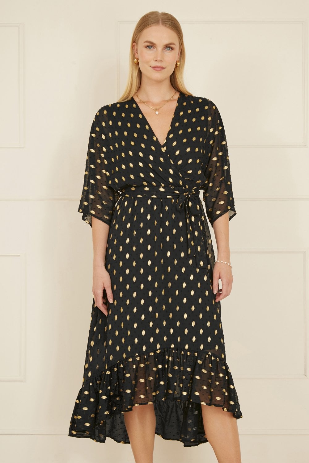 Yumi Black Foil Print Wrap Over Dip Hem Midi Dress | Yumi`