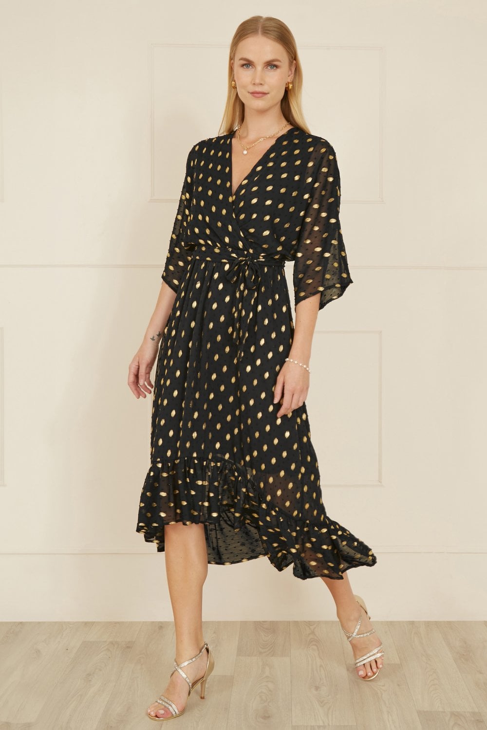 Foil Print Wrap Over Dip Hem Midi Dress `