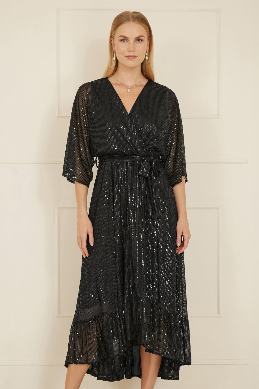 Yumi Black Sequin Kimono Midi Wrap Dress | Yumi
