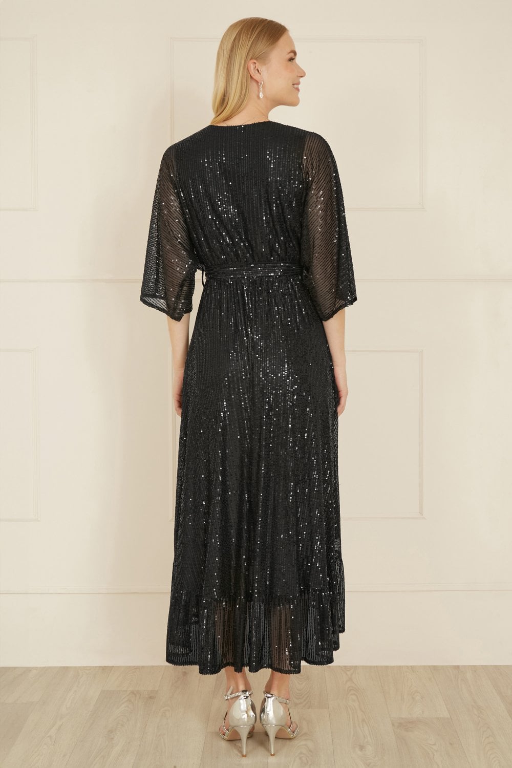 Yumi Black Sequin Kimono Midi Wrap Dress | Yumi