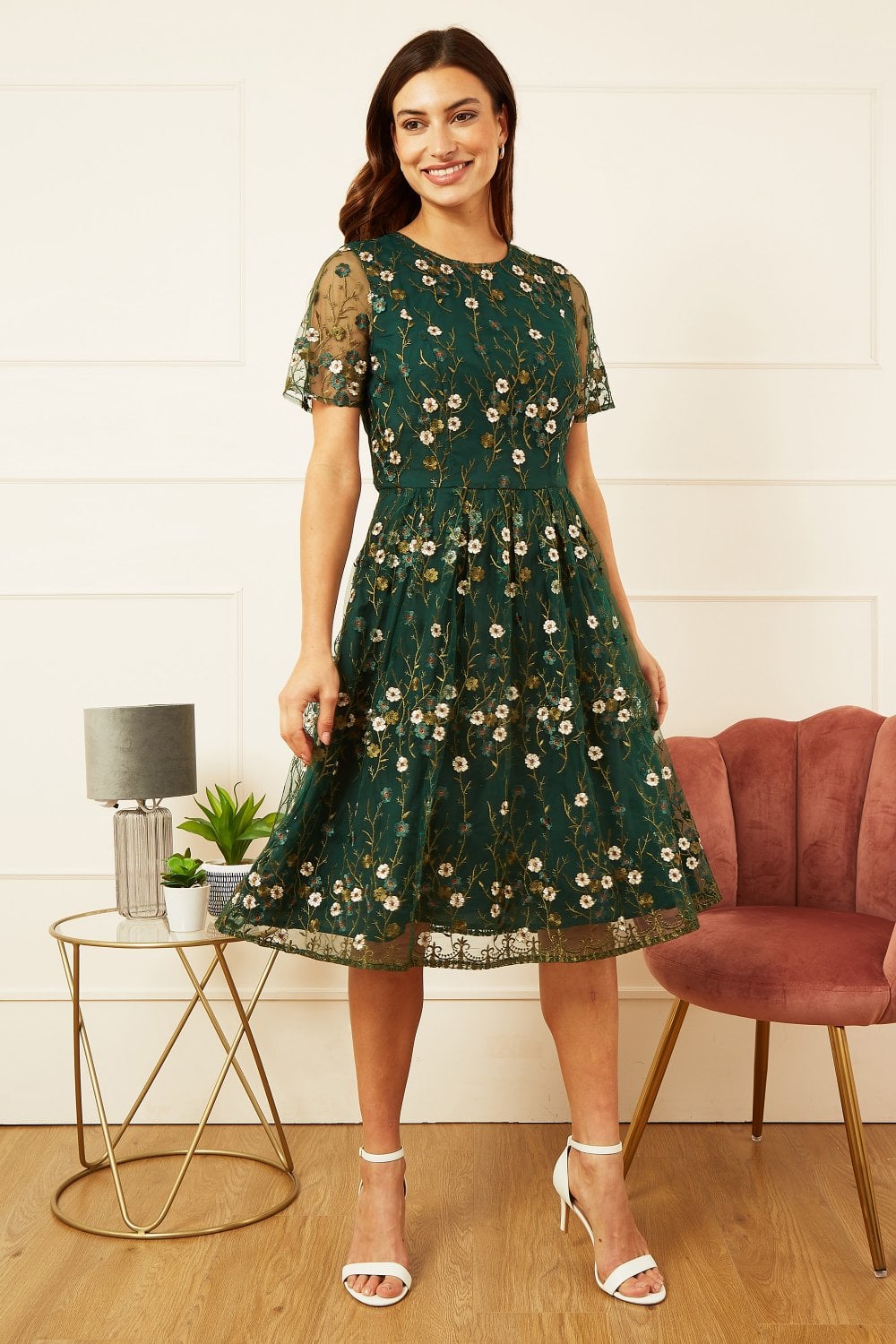 Yumi Green Embroidered Floral Skater Dress | Yumi
