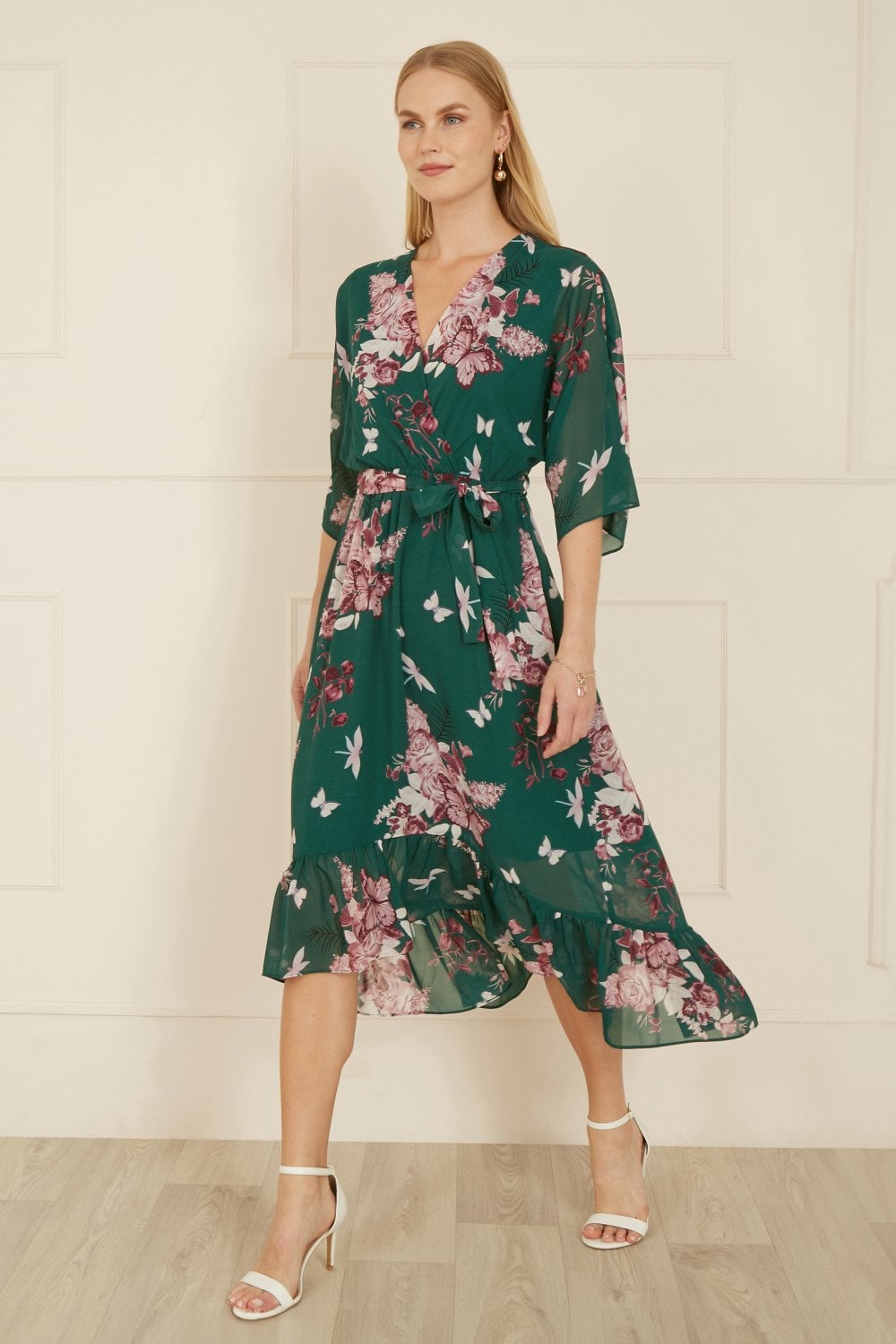 Floral Kimono Dipped Hem Dress