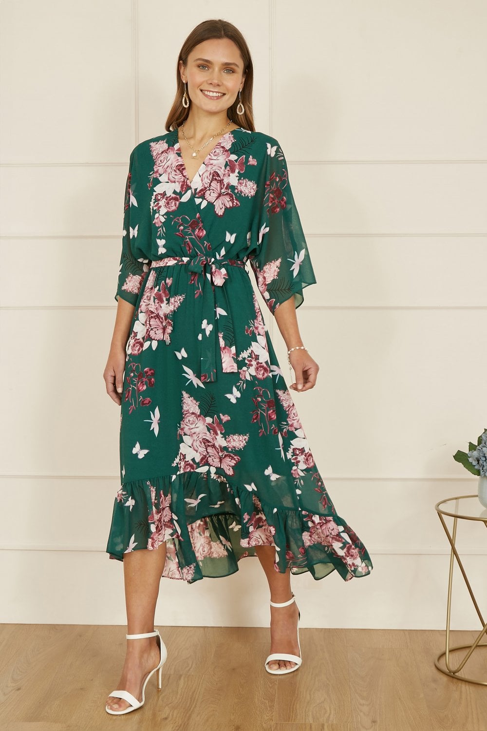 Yumi Green Floral Kimono Dipped Hem Dress | Yumi Yumi Green Floral Kimono Dipped Hem Dress | Yumi
