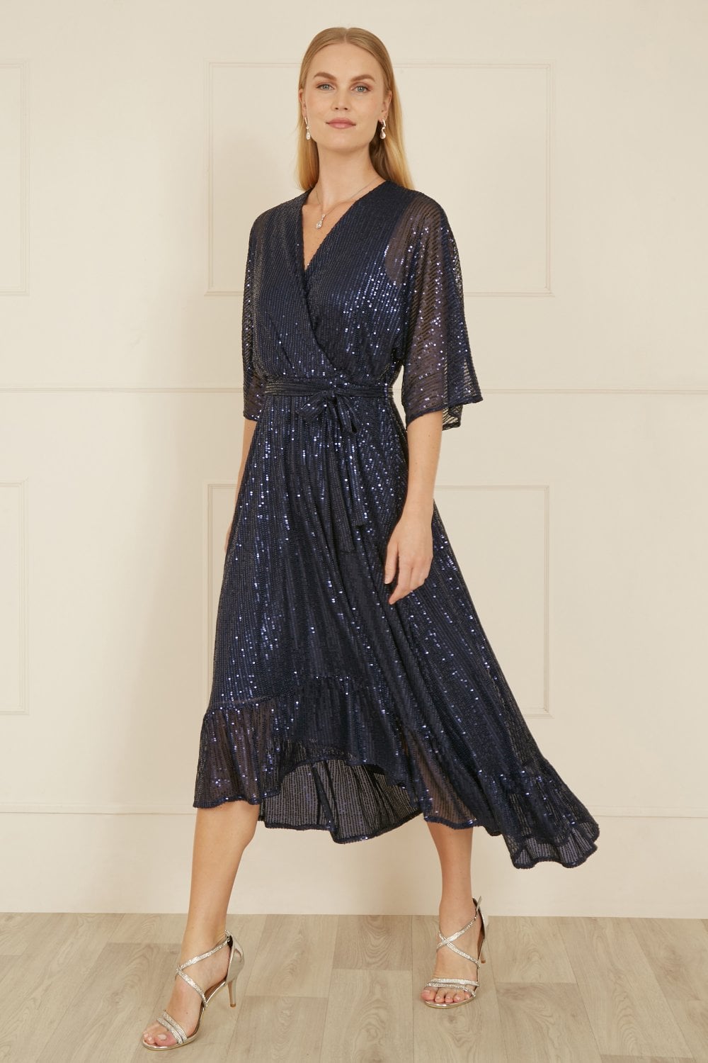 Yumi Navy Sequin Kimono Midi Wrap Dress Yumi - Main Image