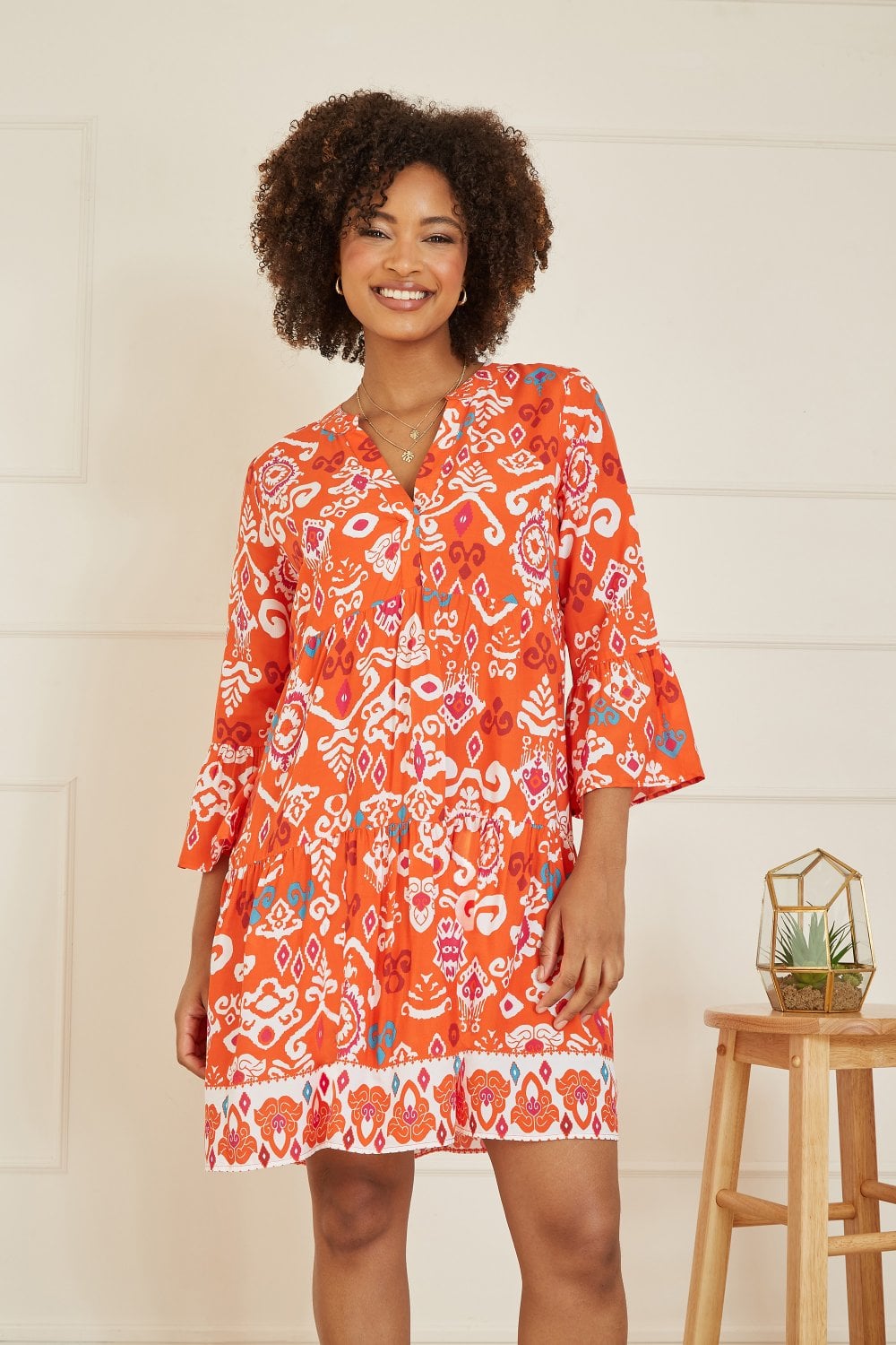 Ikat Print 3 4 Sleeve Tunic Dress