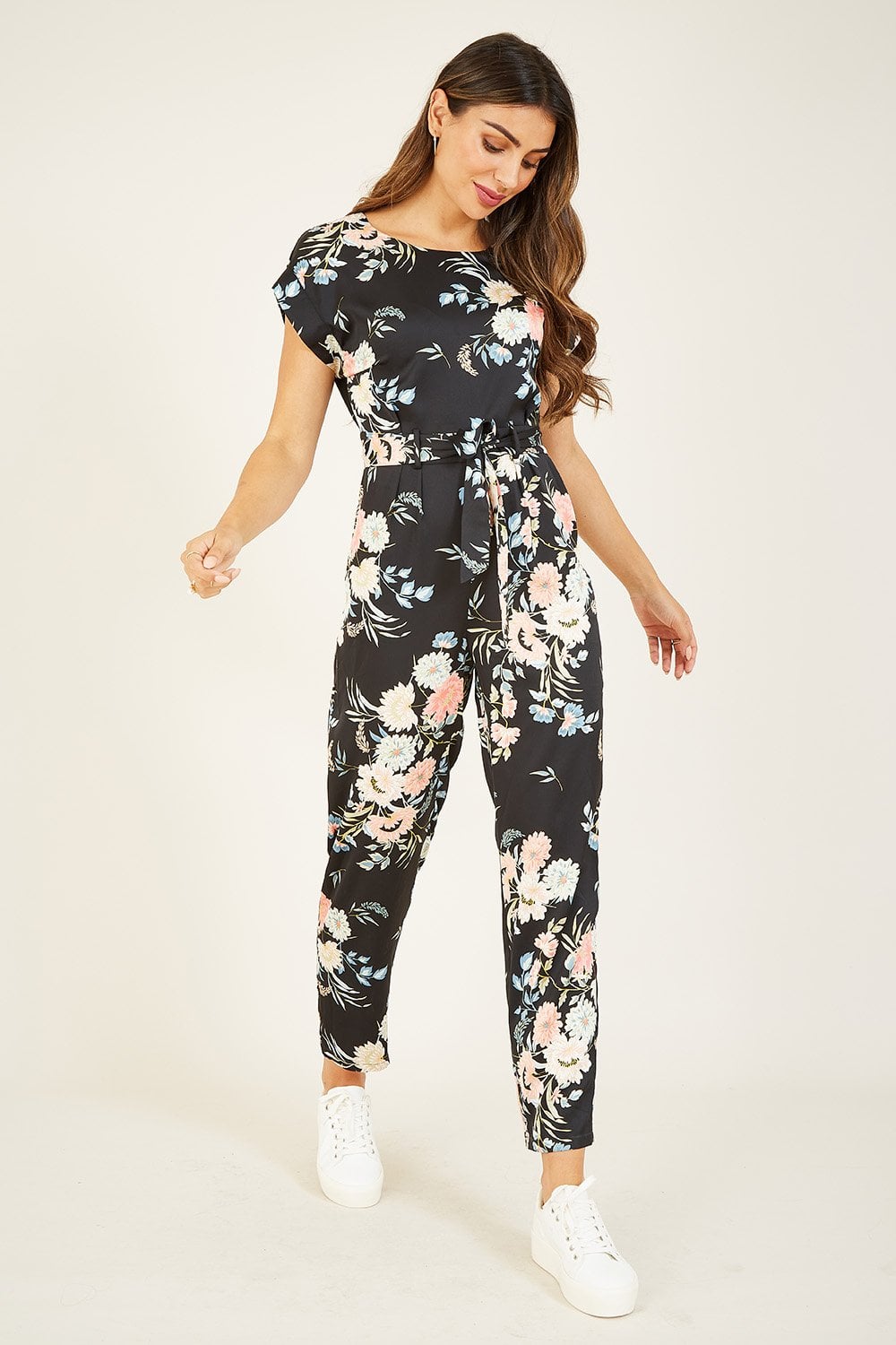 Black Japanese Floral Tie Jumpsuit