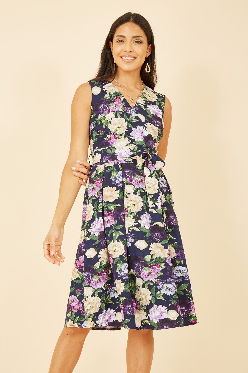 Mela Navy Floral Wrap Sleeveless Skater Dress Mela