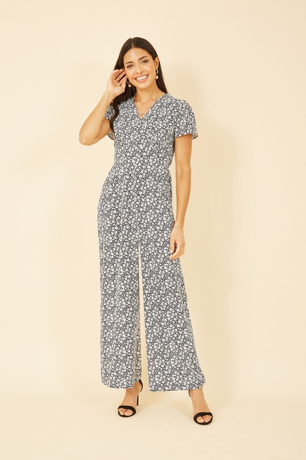Yumi Black Ditsy Floral Wrap Jumpsuit Yumi