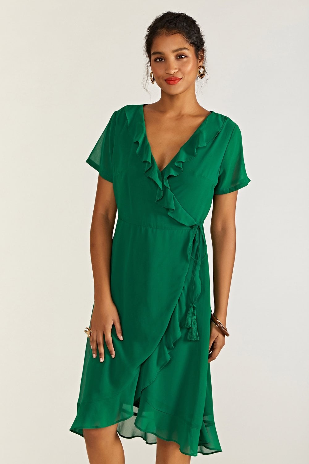 Yumi Green Frill Wrap Dress With Tassel Detail Yumi